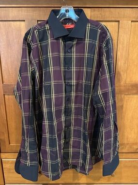 Georg Roth - GR Men's Purple & Black Plaid Dress Shirt with Contrast Collar.  XL